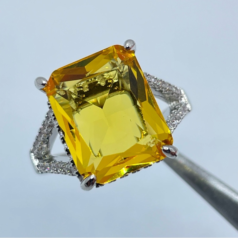 Canary Yellow Radiant Cut Diamond White CZ  Silver Bold Statement Ring